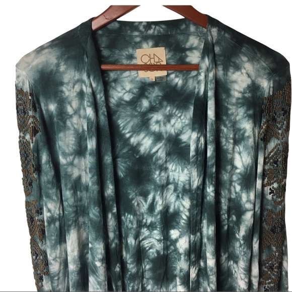 CHASER Tie Dye Kimono Open Cadigan Duster Beaded Sleeves BOHO Small - Picture 6 of 12